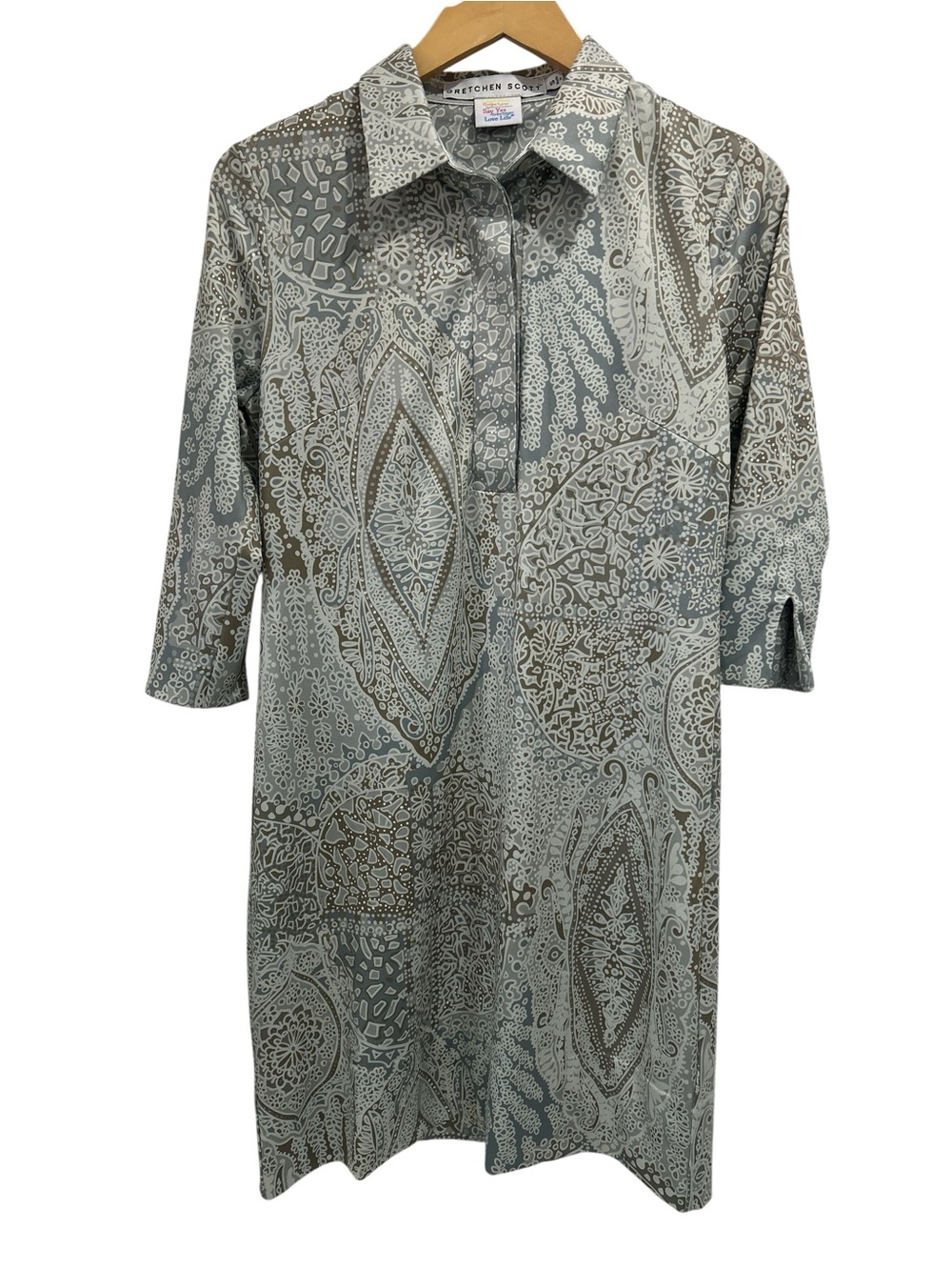 Gretchen Scott Shirtdress Print 3/4 Sleeve Tunic Dress - Gray Paisley Medallion